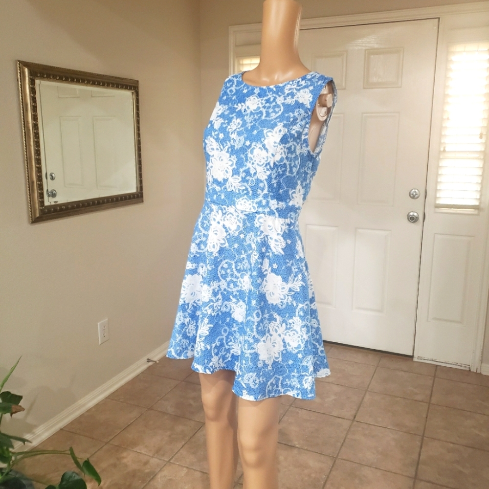 Three e-m-a M dainty sleeveless fit & flare lace & rose pattern light airy sweet